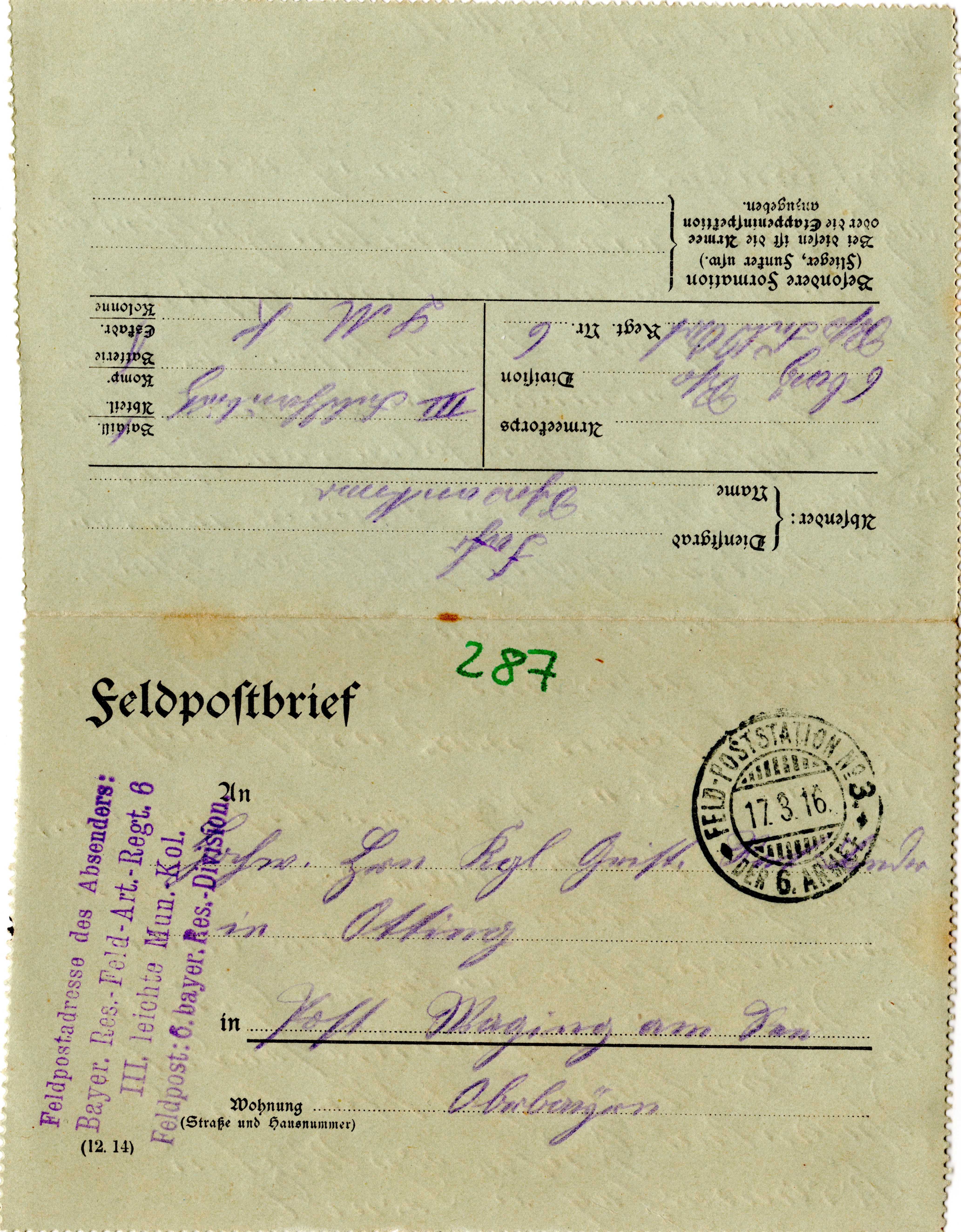 Scan der Schriftstück- Vorderseite © Katholische Pfarrkirchenstiftung St. Stephanus Otting