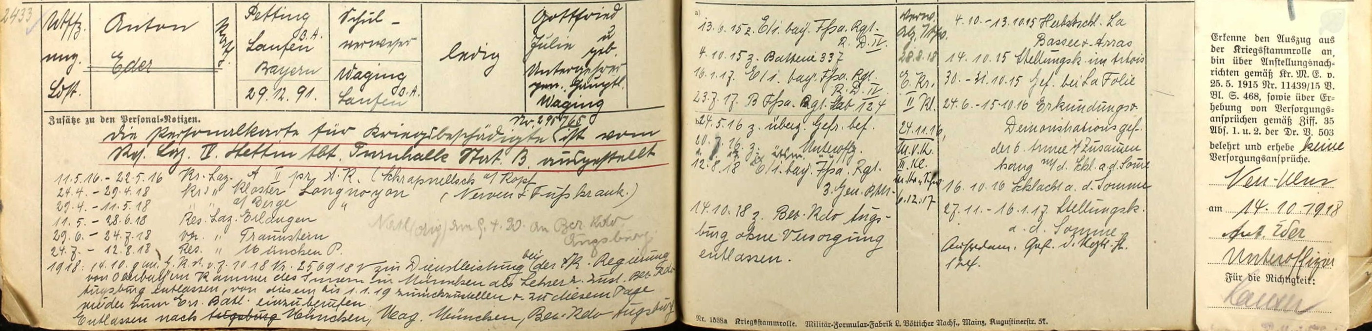 Mit freundlicher Genehmigung von Ancestry und des Hauptstaatsarchivs München - Abt. IV - Kriegsarchiv, Archivaliensignatur: BayHStA,KrStR, Band15387